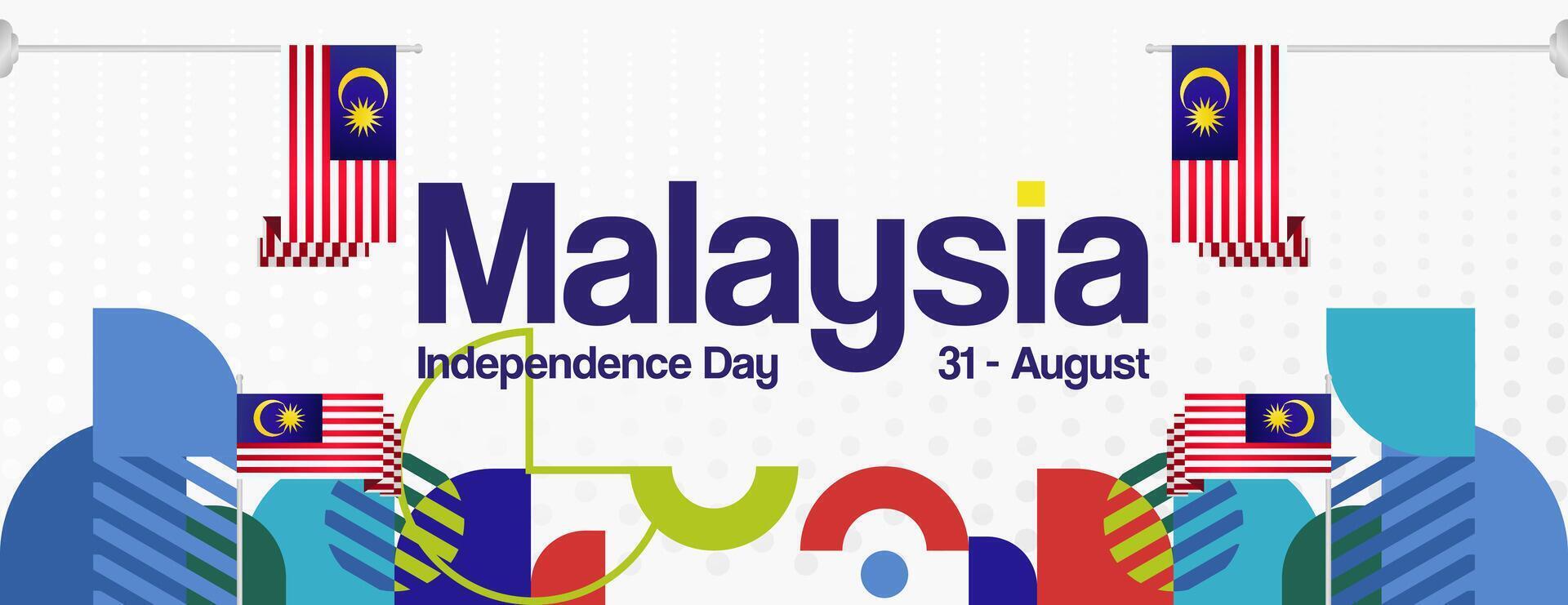 Malaysia Independence Day banner in modern geometric style. Wide banner with typography and also country flag. Background for National holiday celebration party. Happy Merdeka Day of Malaysia vector