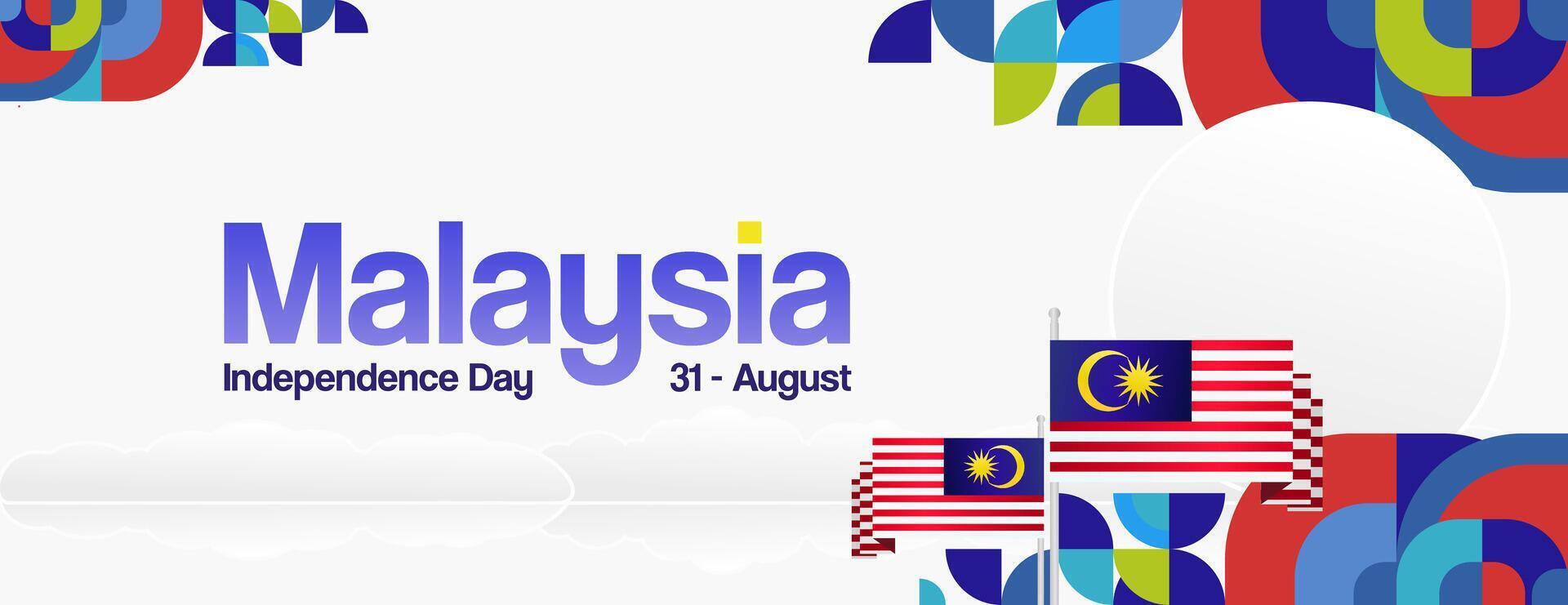 Malaysia Independence Day banner in modern geometric style. Wide banner with typography and also country flag. Background for National holiday celebration party. Happy Merdeka Day of Malaysia vector