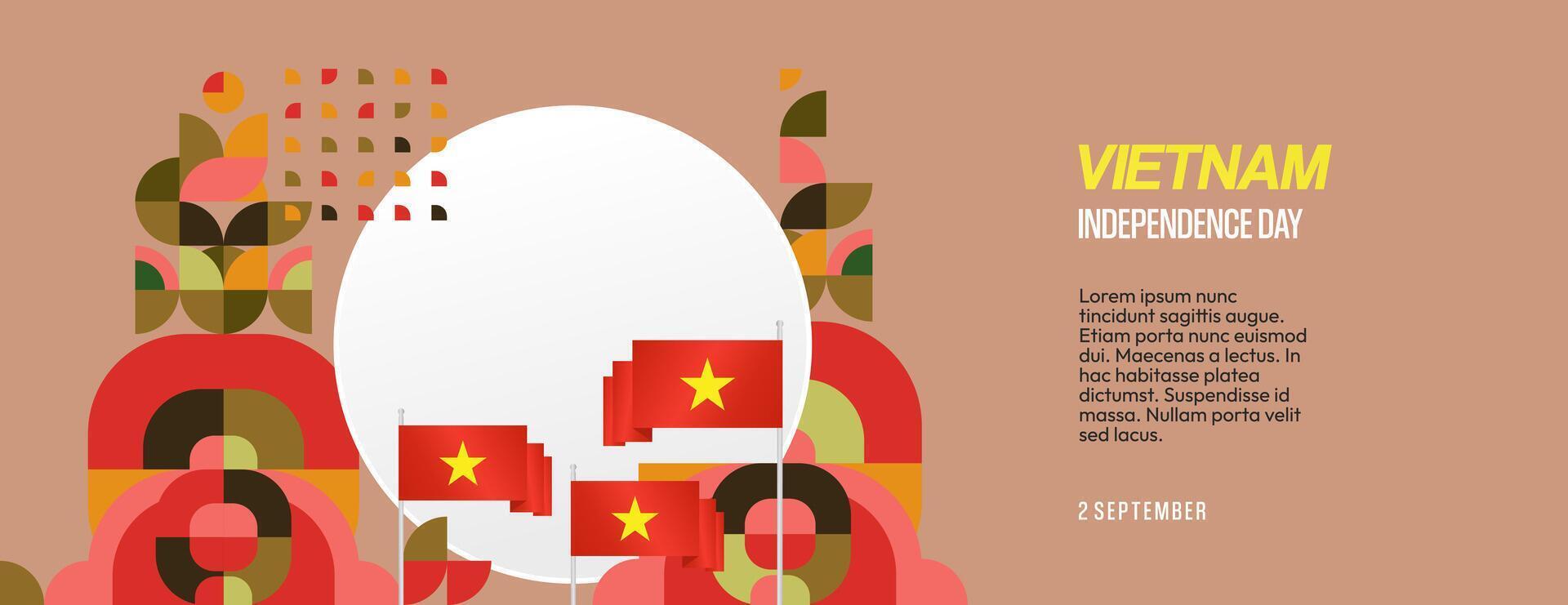 Vietnam Independence Day banner in modern geometric style. Wide banner for celebration day with flags and typography. National holiday celebration backgrounds. Happy Vietnam Independence Day vector
