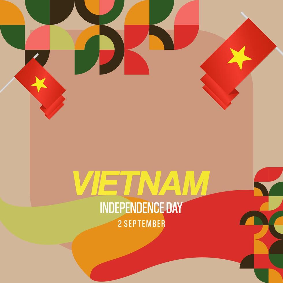 Vietnam Independence Day banner in modern geometric style. Square banner for celebration day with flags and typography. National holiday celebration backgrounds. Happy Vietnam Independence Day vector