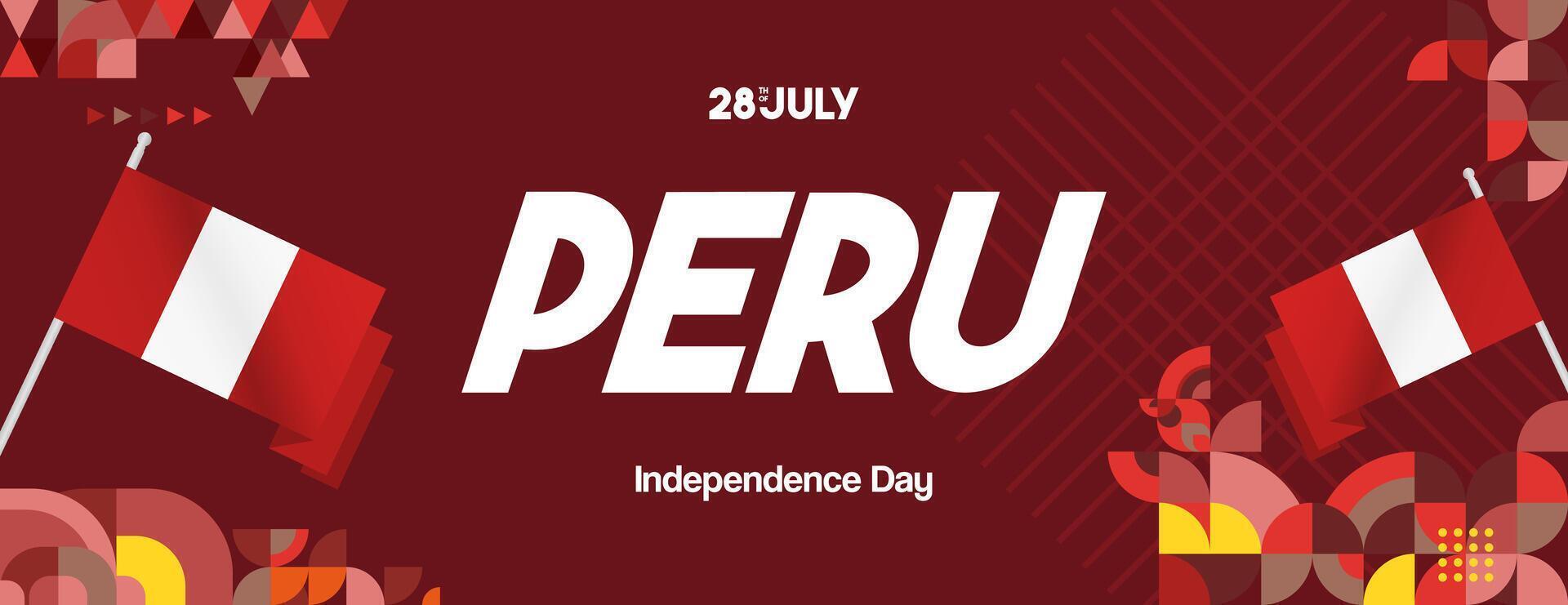 Peru Independence Day banner in modern geometric style. Wide banner with typography and also country flag. Background for National holiday celebration party. Happy Independence Day of Peru vector