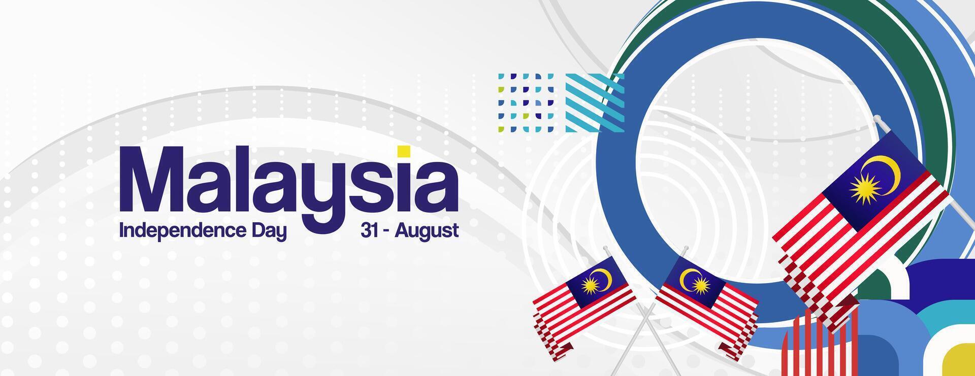 Malaysia Independence Day banner in modern geometric style. Wide banner with typography and also country flag. Background for National holiday celebration party. Happy Merdeka Day of Malaysia vector