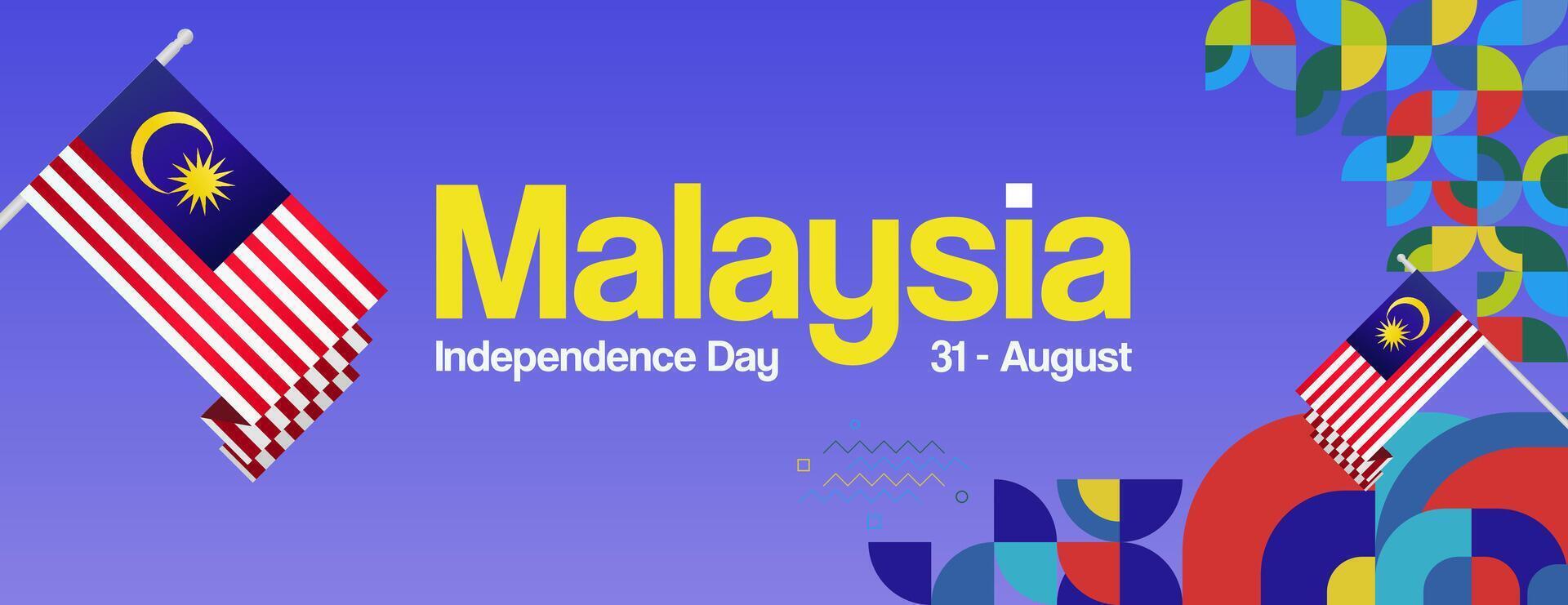 Malaysia Independence Day banner in modern geometric style. Wide banner with typography and also country flag. Background for National holiday celebration party. Happy Merdeka Day of Malaysia vector