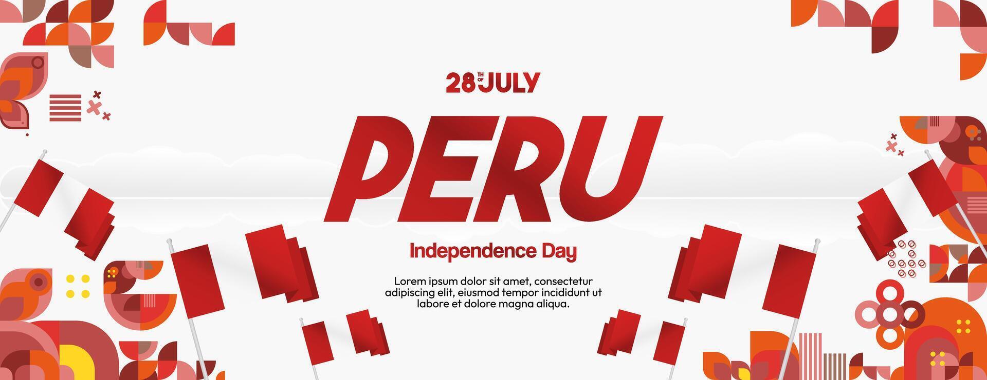 Peru Independence Day banner in modern geometric style. Wide banner with typography and also country flag. Background for National holiday celebration party. Happy Independence Day of Peru vector