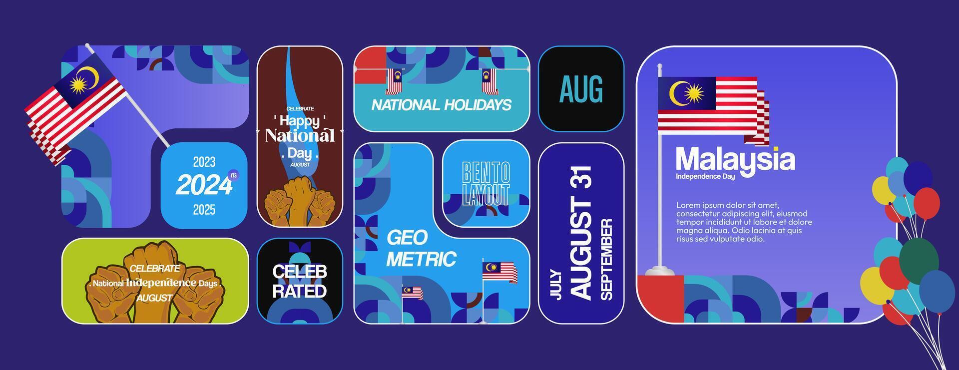 Malaysia Independence Day banner in modern geometric style. Wide banner with typography and also country flag. Background for National holiday celebration party. Happy Merdeka Day of Malaysia vector