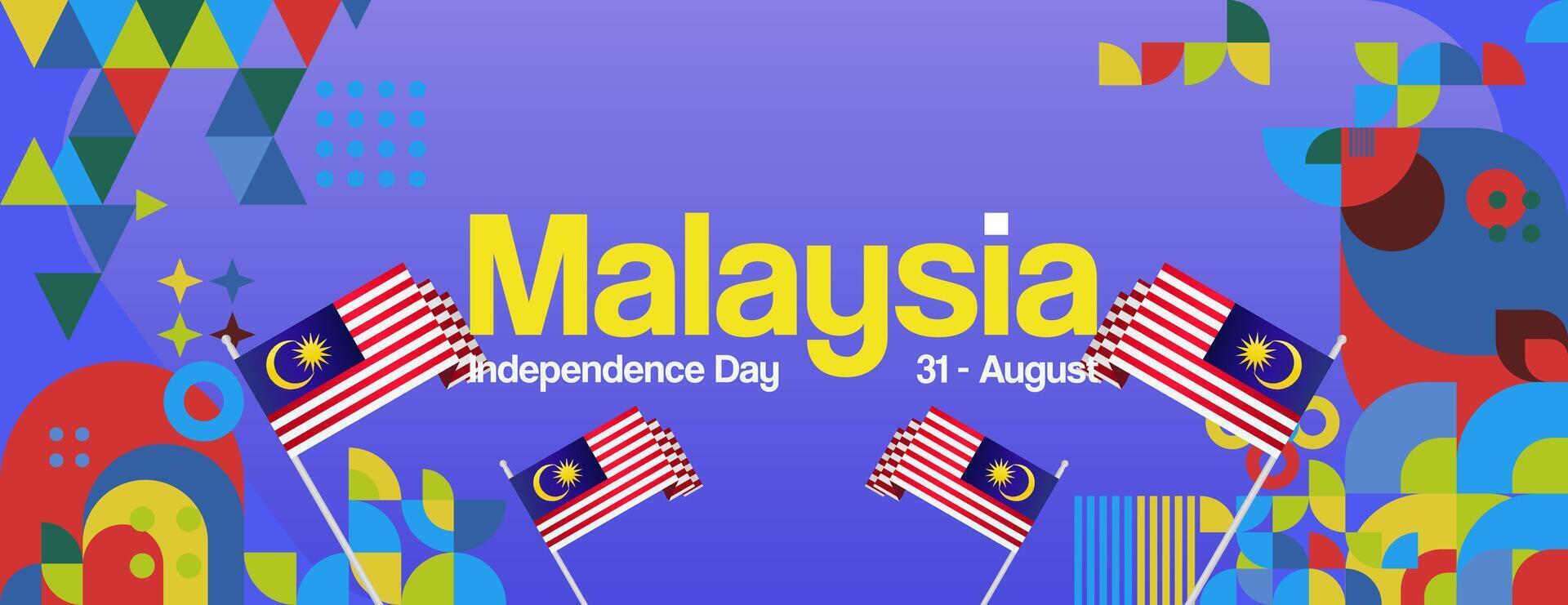 Malaysia Independence Day banner in modern geometric style. Wide banner with typography and also country flag. Background for National holiday celebration party. Happy Merdeka Day of Malaysia vector