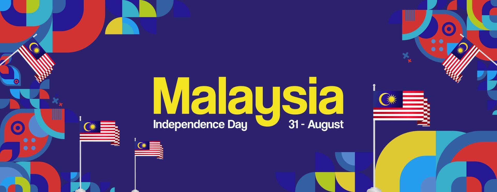 Malaysia Independence Day banner in modern geometric style. Wide banner with typography and also country flag. Background for National holiday celebration party. Happy Merdeka Day of Malaysia vector