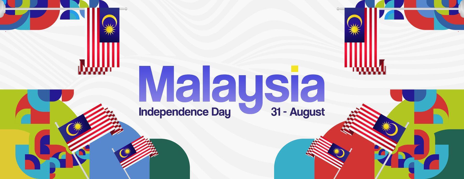 Malaysia Independence Day banner in modern geometric style. Wide banner with typography and also country flag. Background for National holiday celebration party. Happy Merdeka Day of Malaysia vector