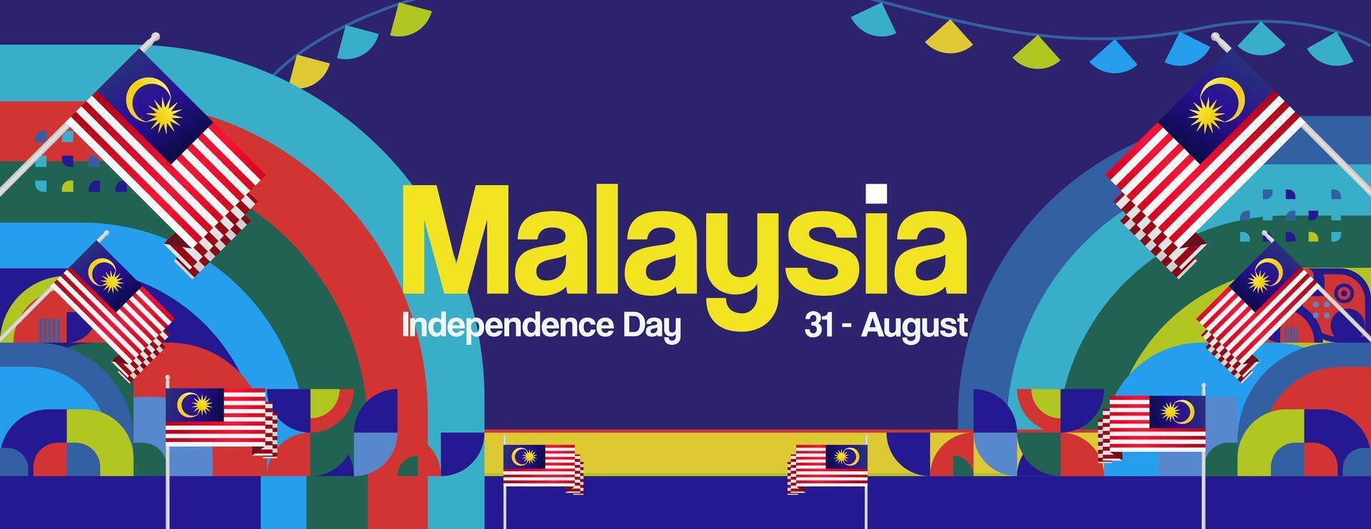 Malaysia Independence Day banner in modern geometric style. Wide banner with typography and also country flag. Background for National holiday celebration party. Happy Merdeka Day of Malaysia vector