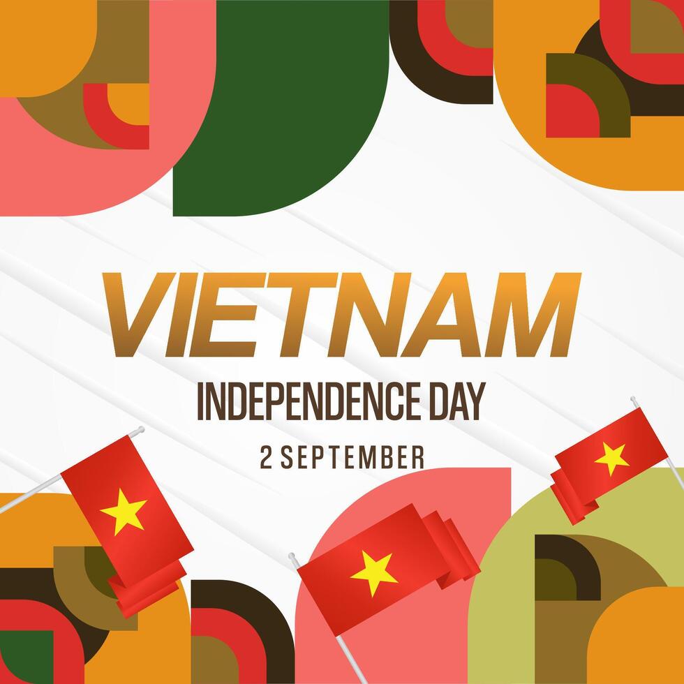 Vietnam Independence Day banner in modern geometric style. Square banner for celebration day with flags and typography. National holiday celebration backgrounds. Happy Vietnam Independence Day vector
