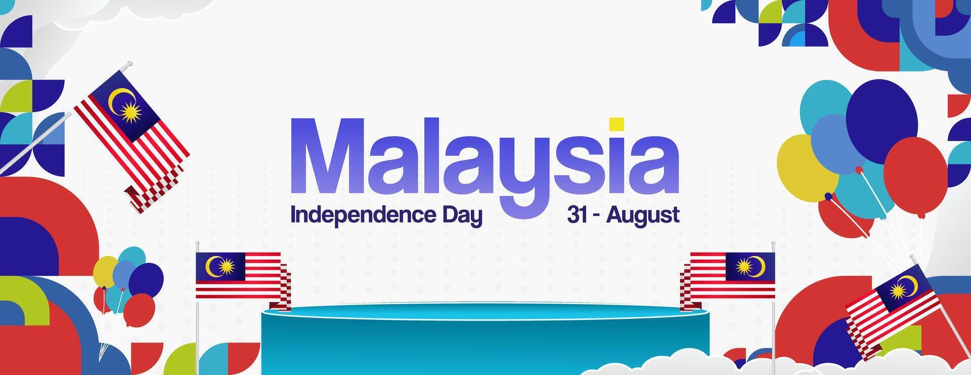 Malaysia Independence Day banner in modern geometric style. Wide banner with typography and also country flag. Background for National holiday celebration party. Happy Merdeka Day of Malaysia vector
