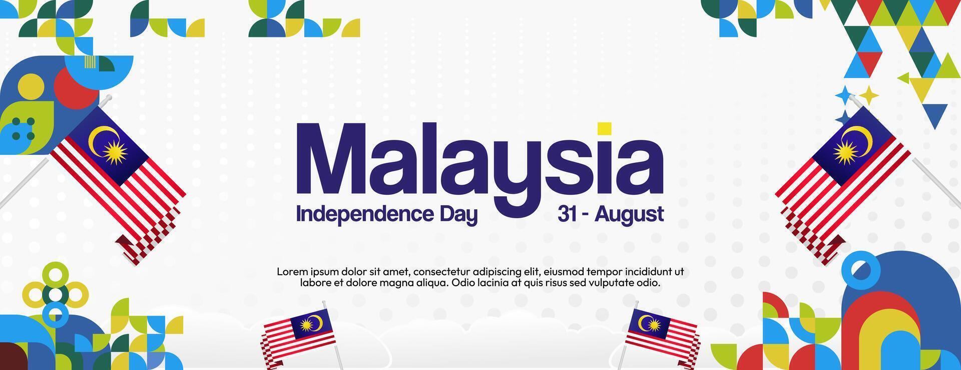 Malaysia Independence Day banner in modern geometric style. Wide banner with typography and also country flag. Background for National holiday celebration party. Happy Merdeka Day of Malaysia vector