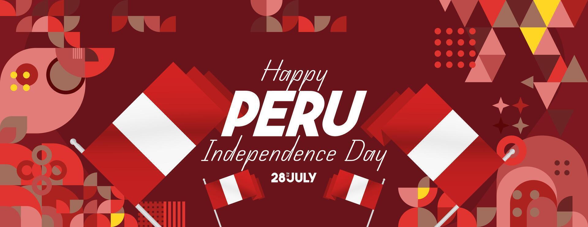 Peru Independence Day banner in modern geometric style. Wide banner with typography and also country flag. Background for National holiday celebration party. Happy Independence Day of Peru vector