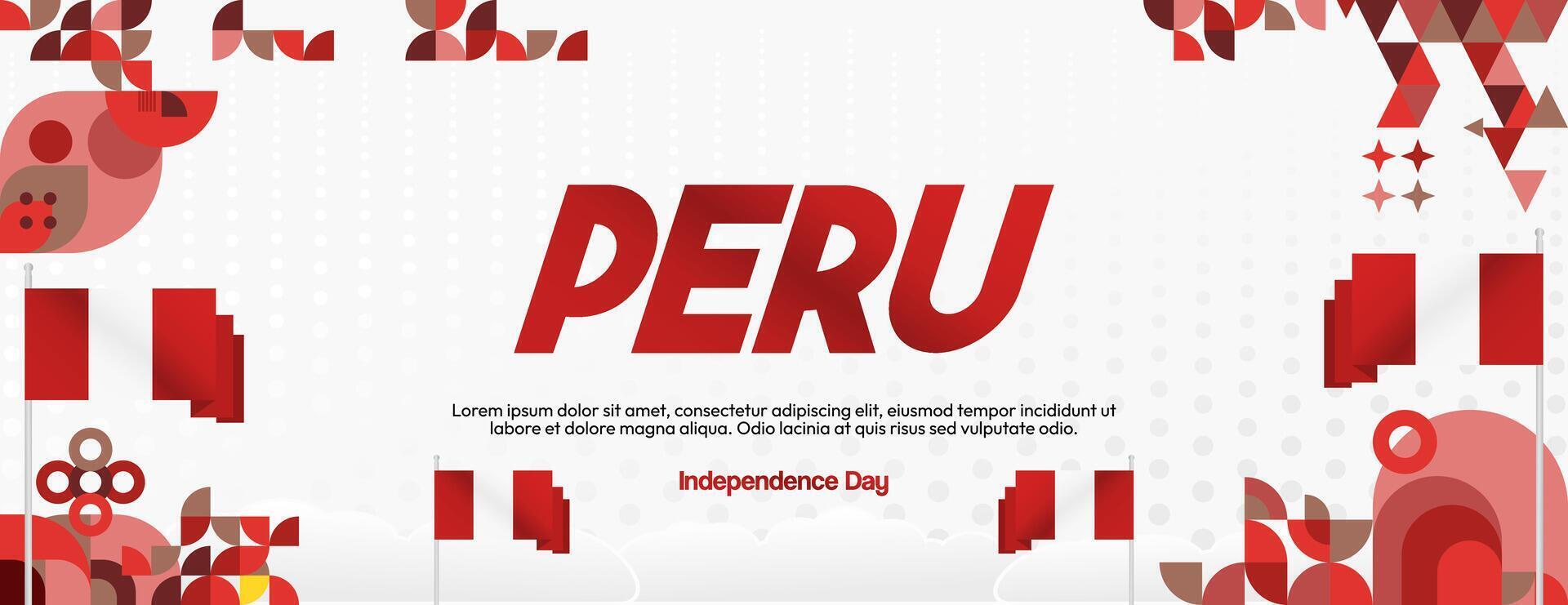 Peru Independence Day banner in modern geometric style. Wide banner with typography and also country flag. Background for National holiday celebration party. Happy Independence Day of Peru vector
