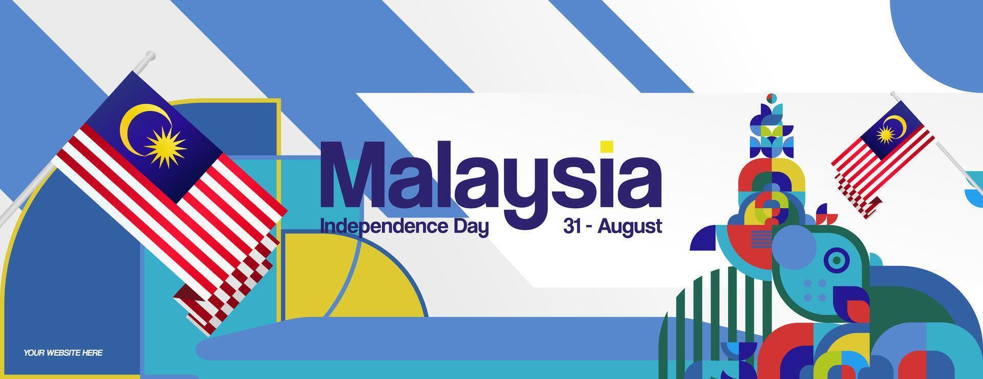 Malaysia Independence Day banner in modern geometric style. Wide banner with typography and also country flag. Background for National holiday celebration party. Happy Merdeka Day of Malaysia vector