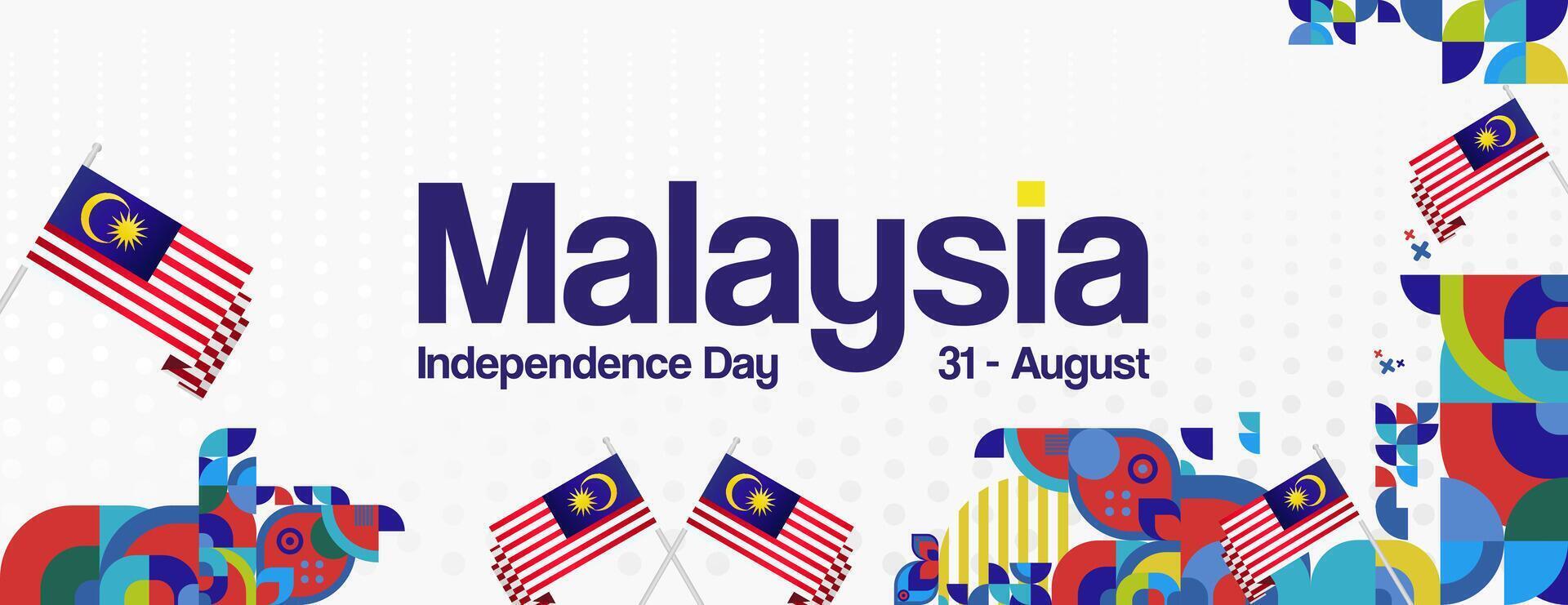Malaysia Independence Day banner in modern geometric style. Wide banner with typography and also country flag. Background for National holiday celebration party. Happy Merdeka Day of Malaysia vector