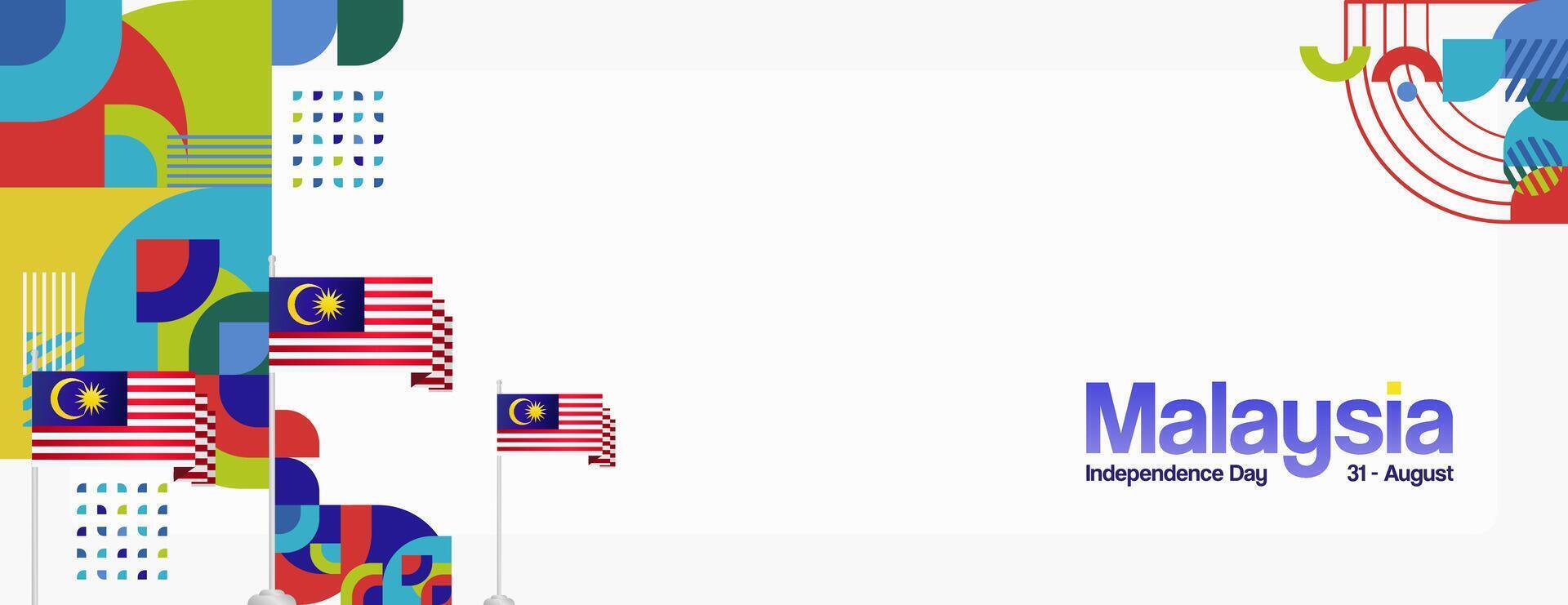 Malaysia Independence Day banner in modern geometric style. Wide banner with typography and also country flag. Background for National holiday celebration party. Happy Merdeka Day of Malaysia vector