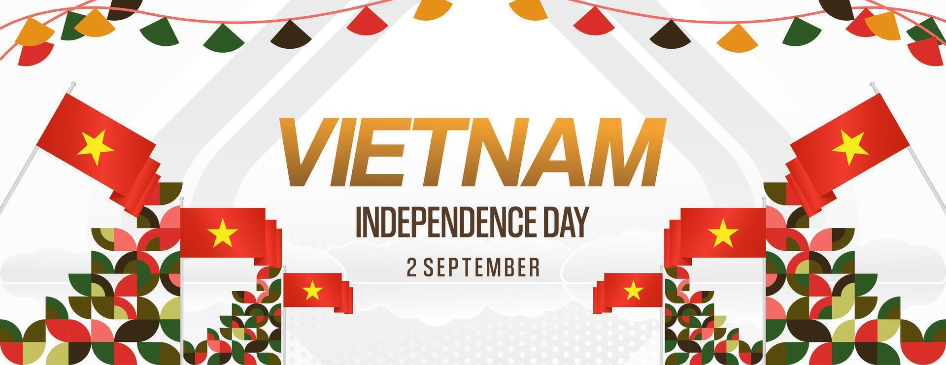 Vietnam Independence Day banner in modern geometric style. Wide banner for celebration day with flags and typography. National holiday celebration backgrounds. Happy Vietnam Independence Day vector