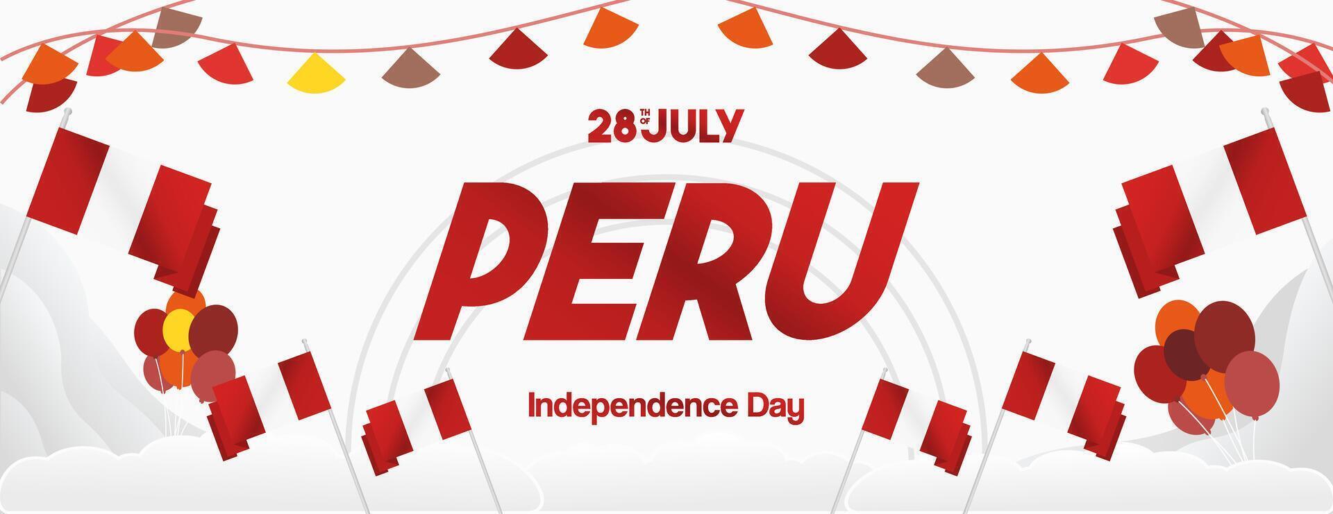 Peru Independence Day banner in modern geometric style. Wide banner with typography and also country flag. Background for National holiday celebration party. Happy Independence Day of Peru vector