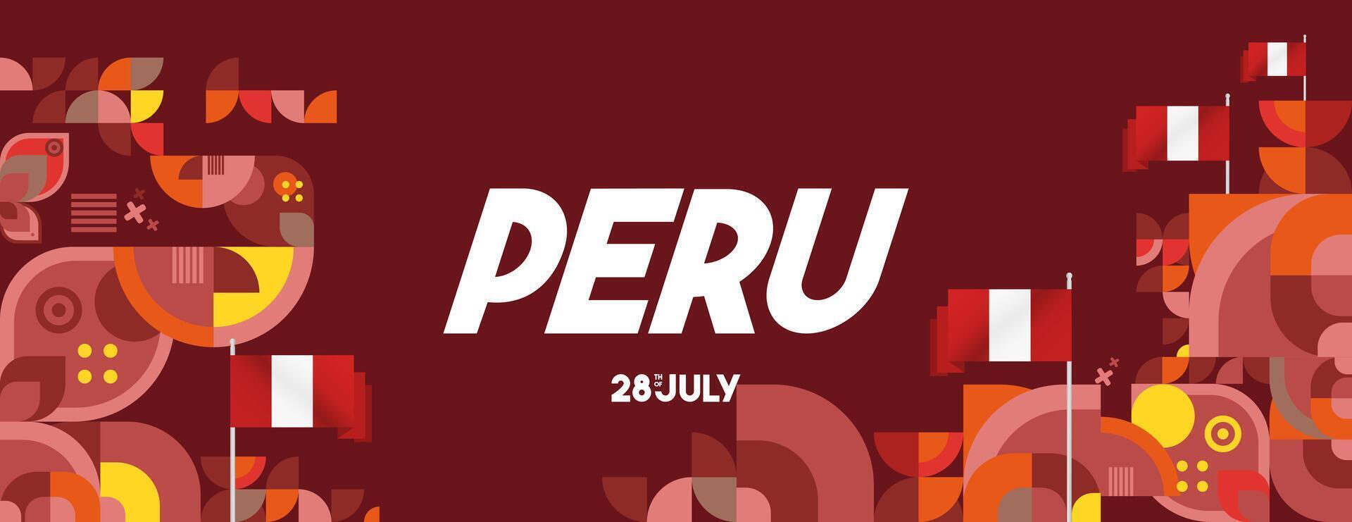 Peru Independence Day banner in modern geometric style. Wide banner with typography and also country flag. Background for National holiday celebration party. Happy Independence Day of Peru vector