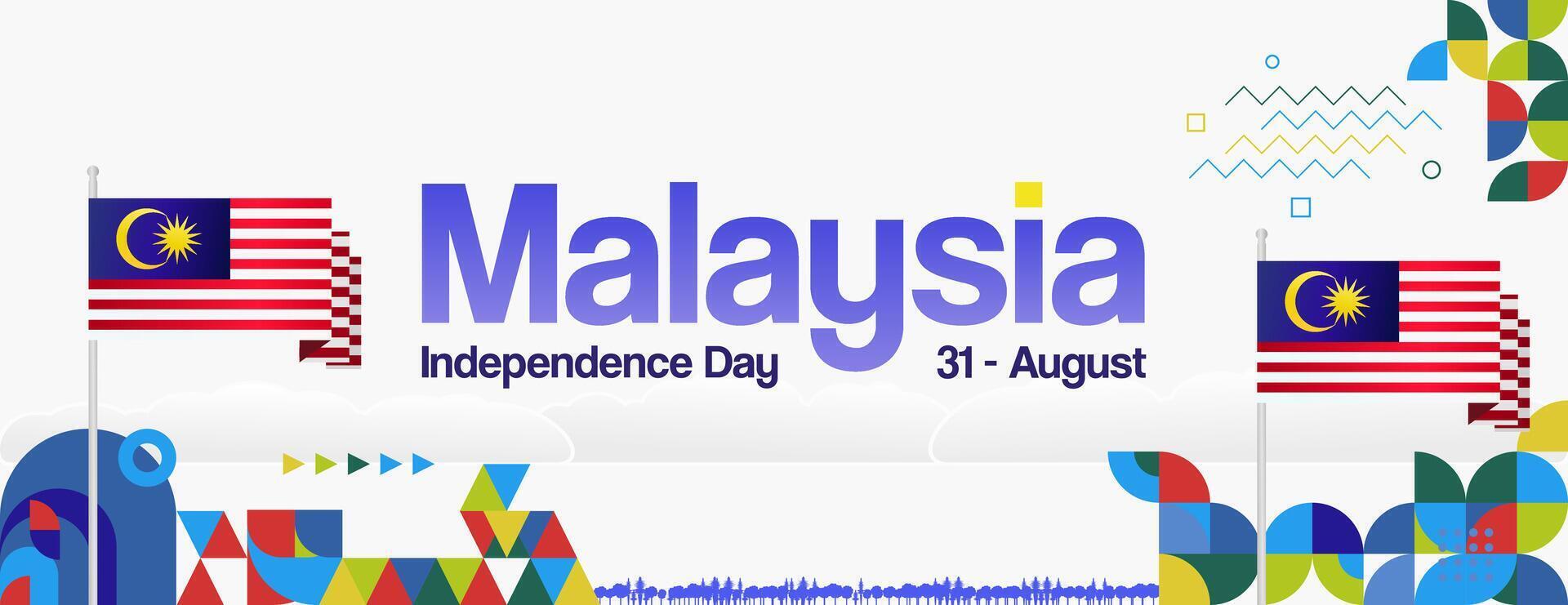 Malaysia Independence Day banner in modern geometric style. Wide banner with typography and also country flag. Background for National holiday celebration party. Happy Merdeka Day of Malaysia vector