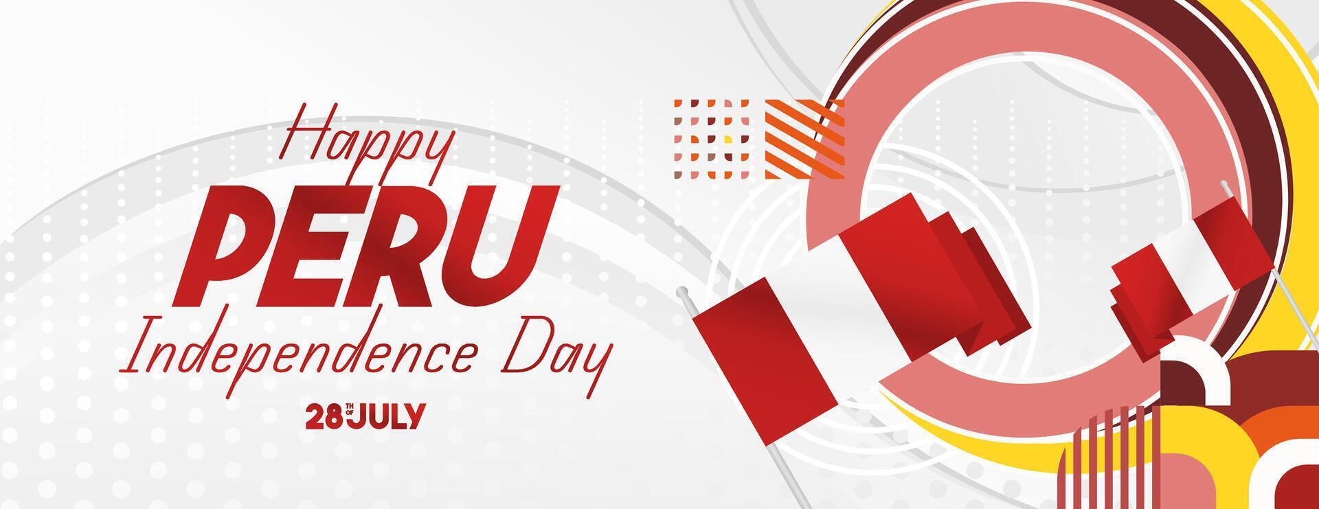 Peru Independence Day banner in modern geometric style. Wide banner with typography and also country flag. Background for National holiday celebration party. Happy Independence Day of Peru vector