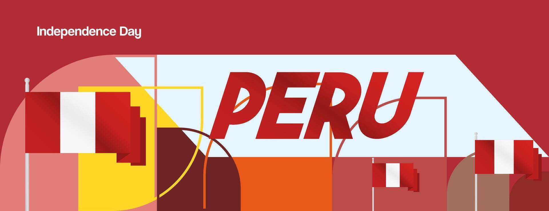 Peru Independence Day banner in modern geometric style. Wide banner with typography and also country flag. Background for National holiday celebration party. Happy Independence Day of Peru vector