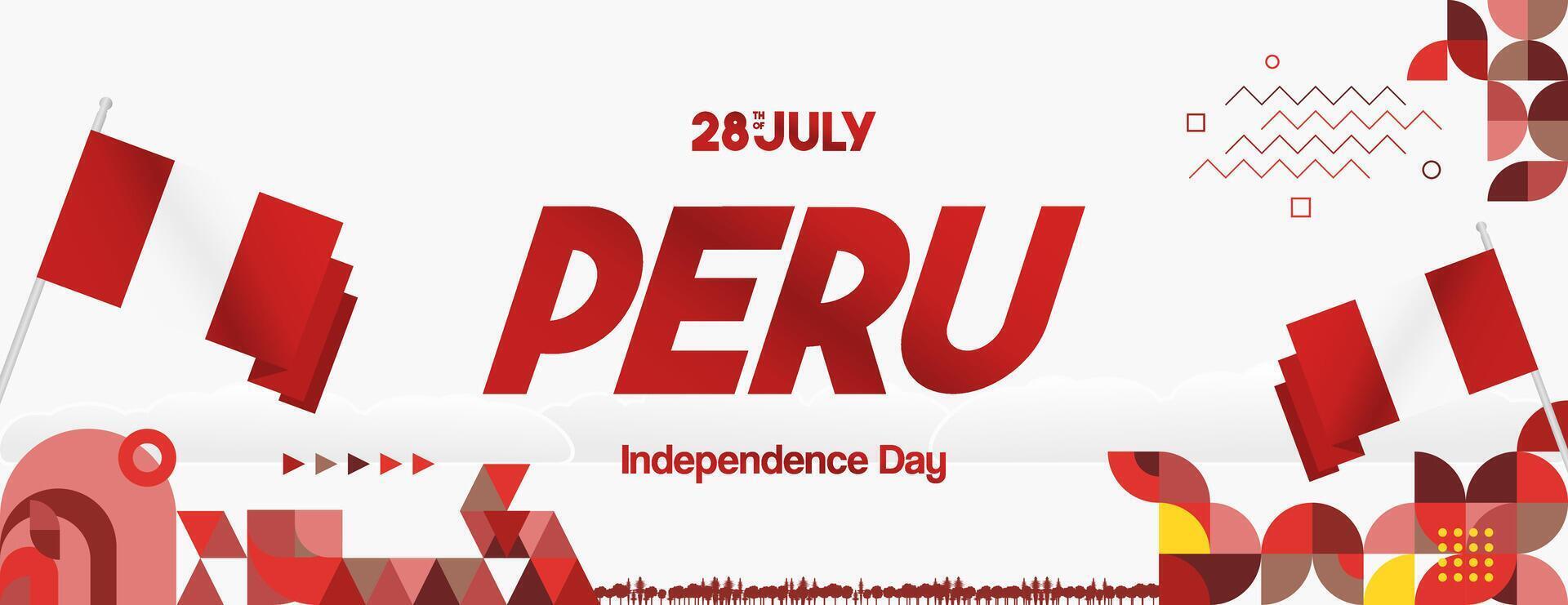 Peru Independence Day banner in modern geometric style. Wide banner with typography and also country flag. Background for National holiday celebration party. Happy Independence Day of Peru vector