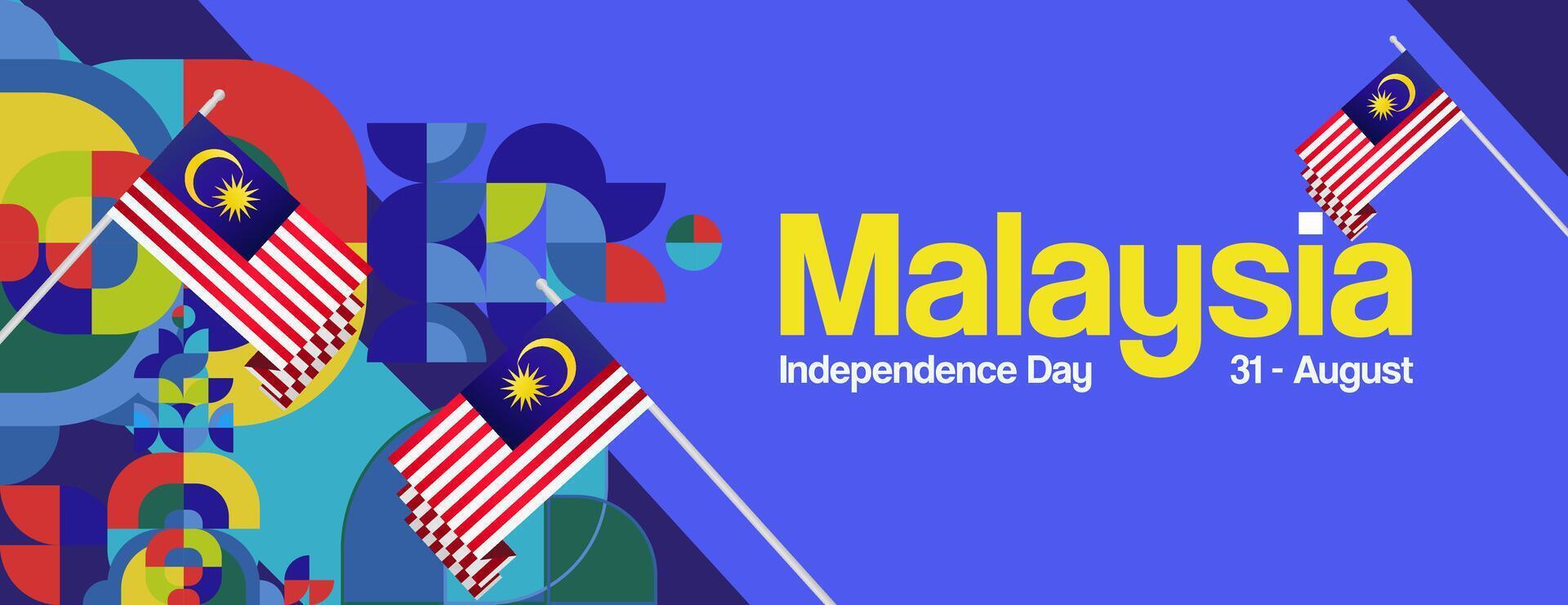 Malaysia Independence Day banner in modern geometric style. Wide banner with typography and also country flag. Background for National holiday celebration party. Happy Merdeka Day of Malaysia vector