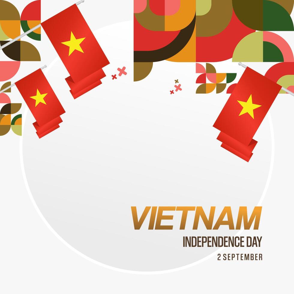 Vietnam Independence Day banner in modern geometric style. Square banner for celebration day with flags and typography. National holiday celebration backgrounds. Happy Vietnam Independence Day vector