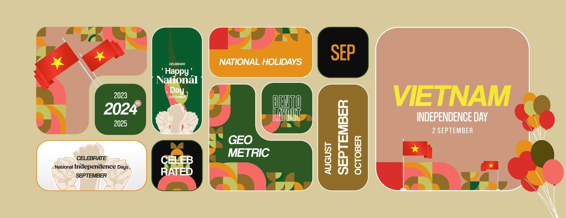 Vietnam Independence Day banner in modern geometric style. Wide banner for celebration day with flags and typography. National holiday celebration backgrounds. Happy Vietnam Independence Day vector