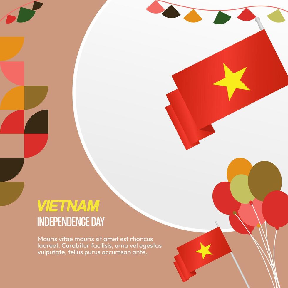 Vietnam Independence Day banner in modern geometric style. Square banner for celebration day with flags and typography. National holiday celebration backgrounds. Happy Vietnam Independence Day vector