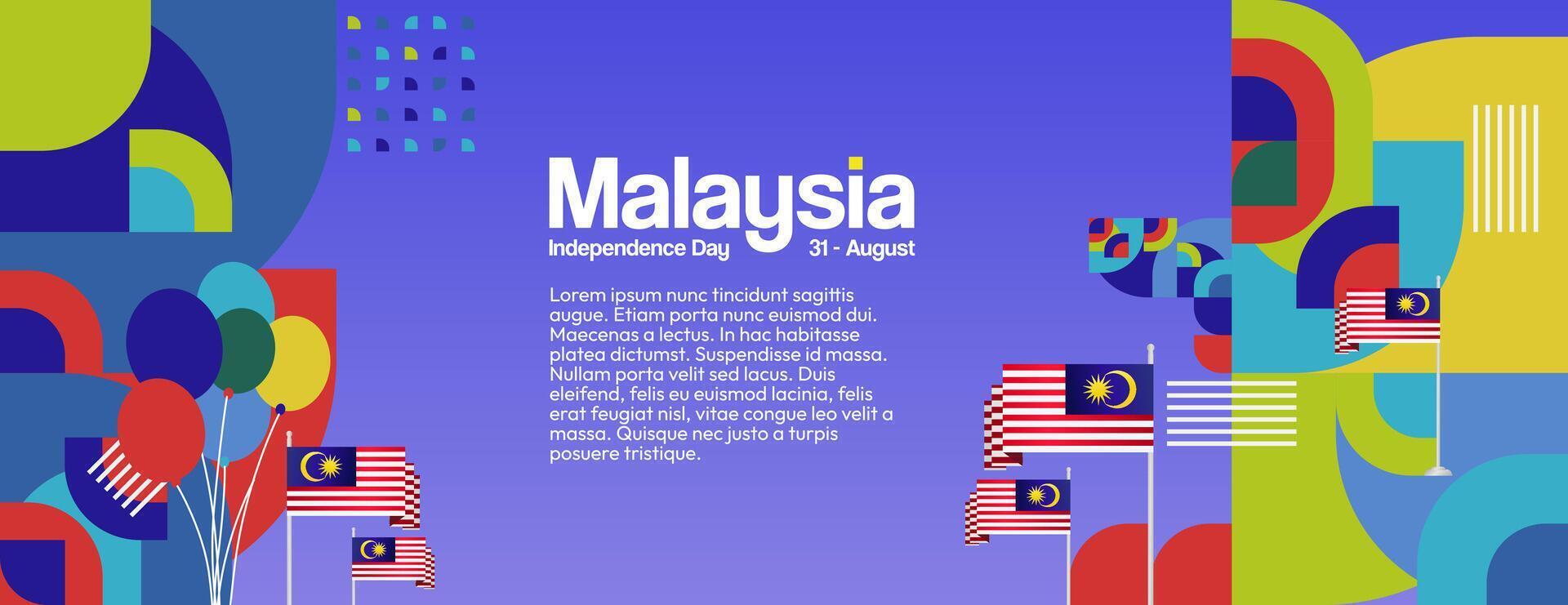 Malaysia Independence Day banner in modern geometric style. Wide banner with typography and also country flag. Background for National holiday celebration party. Happy Merdeka Day of Malaysia vector