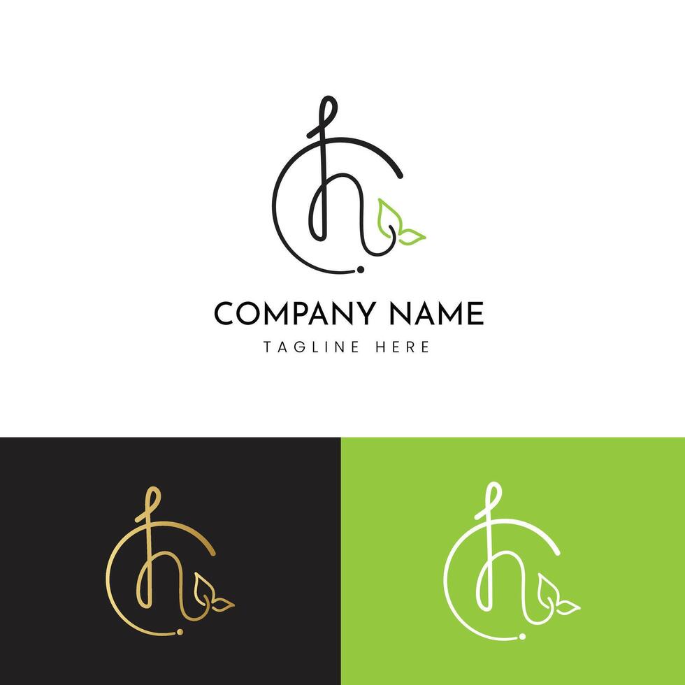 hand drawn green leaf botanical letter h circle logo design template for organic eco nature business vector