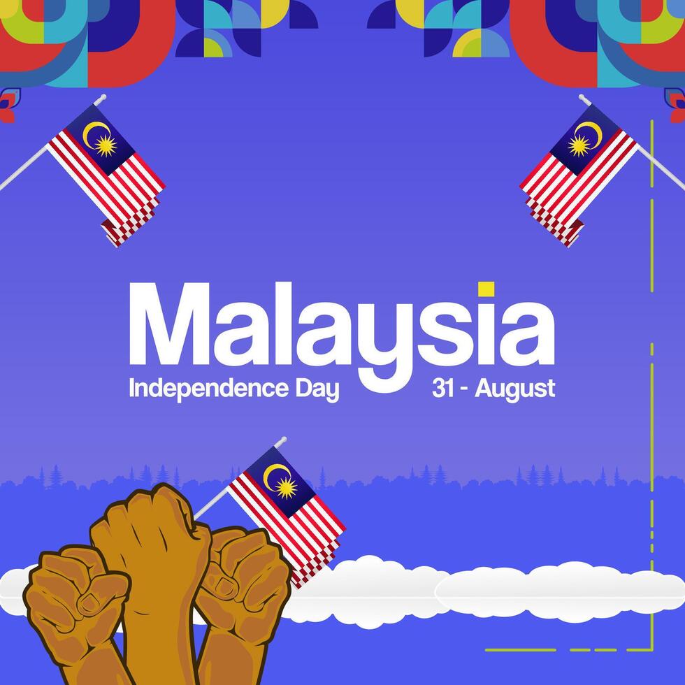 Malaysia Independence Day banner in modern geometric style. Square banner for website and poster with typography. Background for National holiday celebration. Happy Independence Day of Malaysia vector