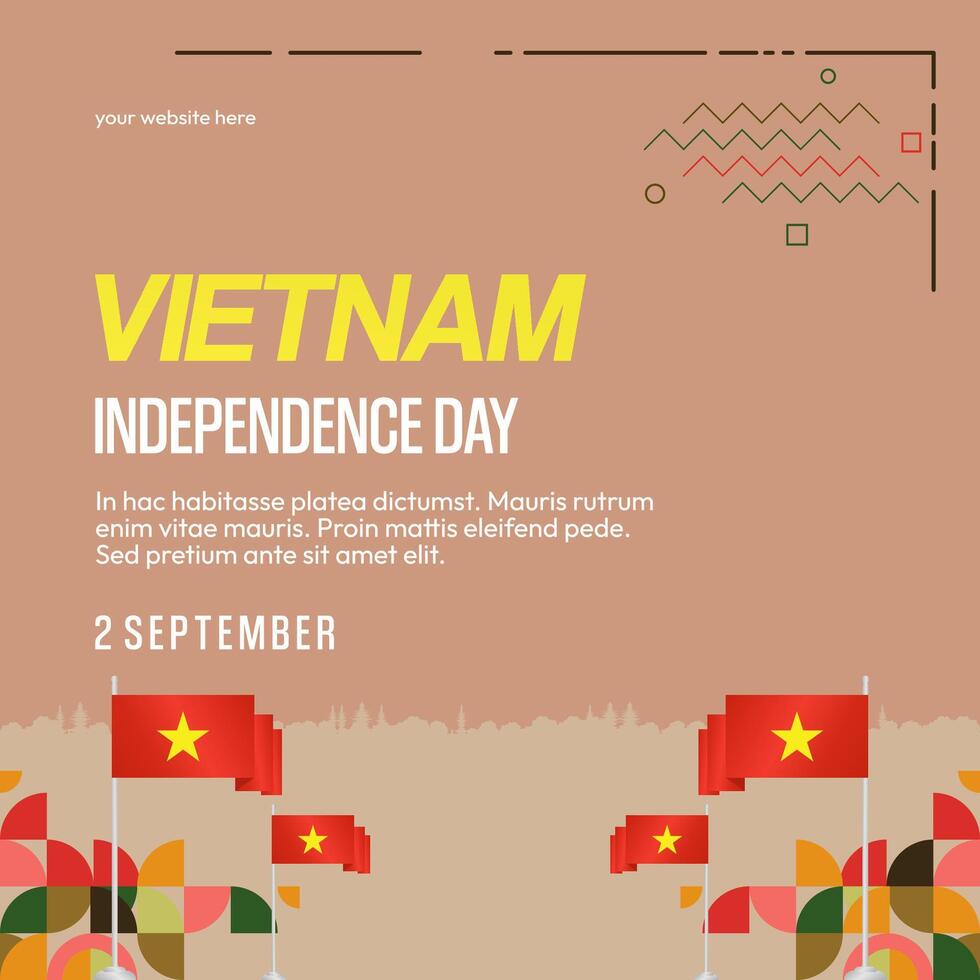 Vietnam Independence Day banner in modern geometric style. Square banner for celebration day with flags and typography. National holiday celebration backgrounds. Happy Vietnam Independence Day vector