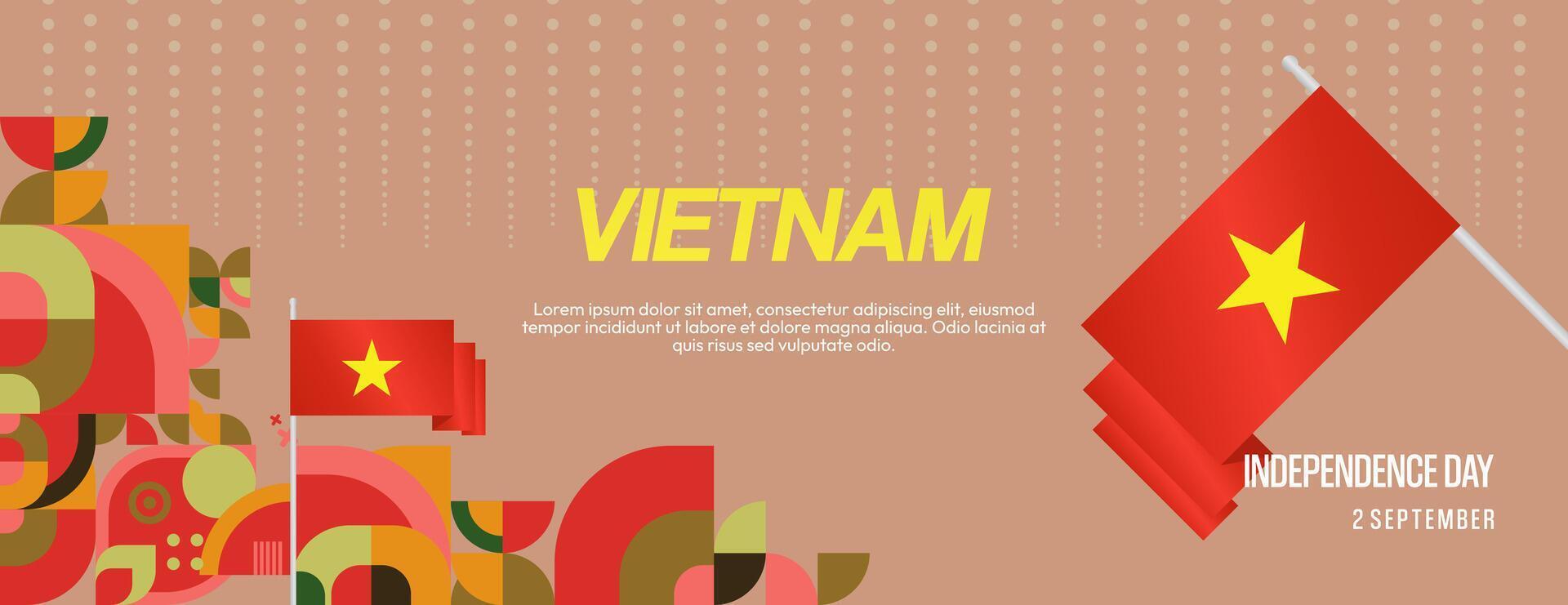 Vietnam Independence Day banner in modern geometric style. Wide banner for celebration day with flags and typography. National holiday celebration backgrounds. Happy Vietnam Independence Day vector