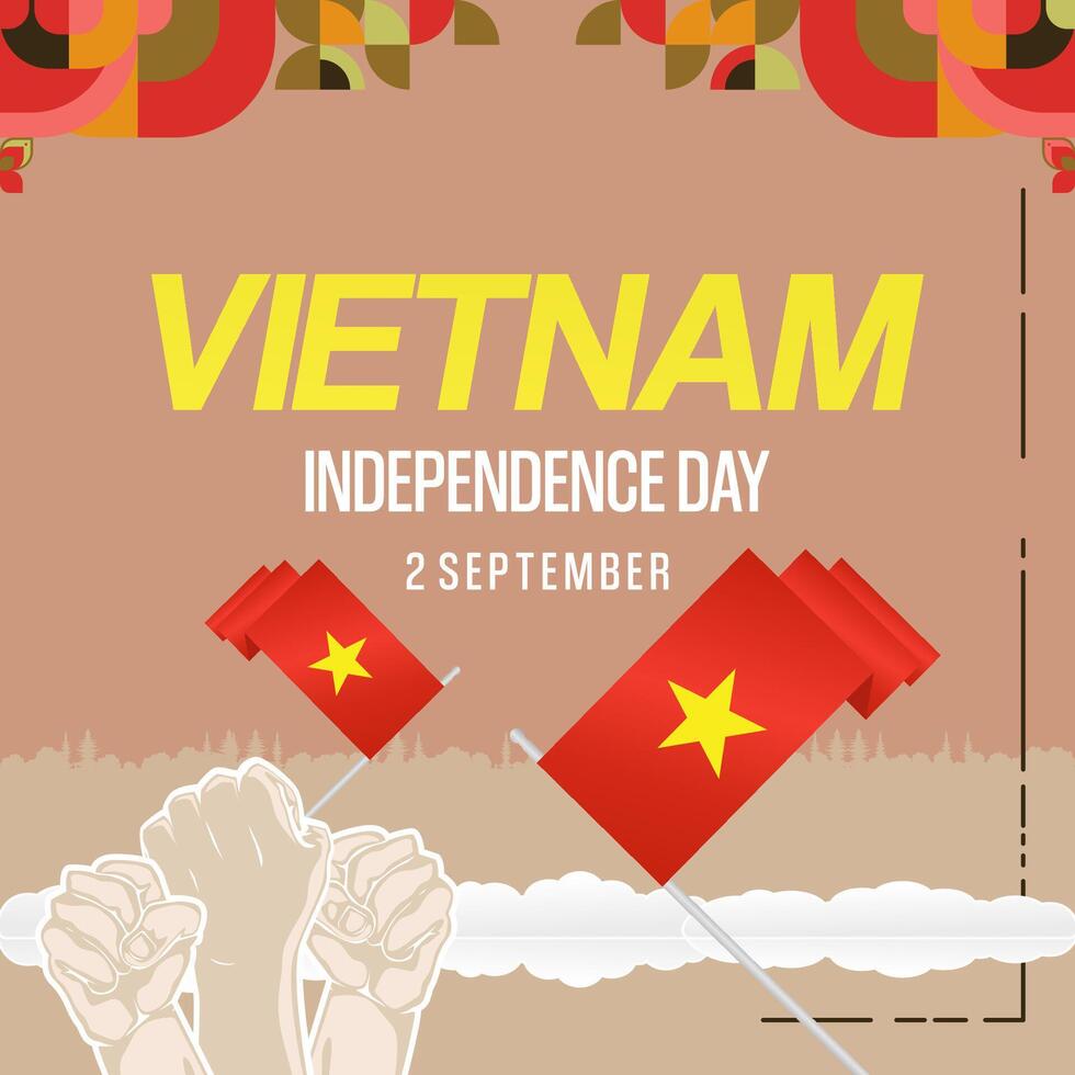 Vietnam Independence Day banner in modern geometric style. Square banner for celebration day with flags and typography. National holiday celebration backgrounds. Happy Vietnam Independence Day vector