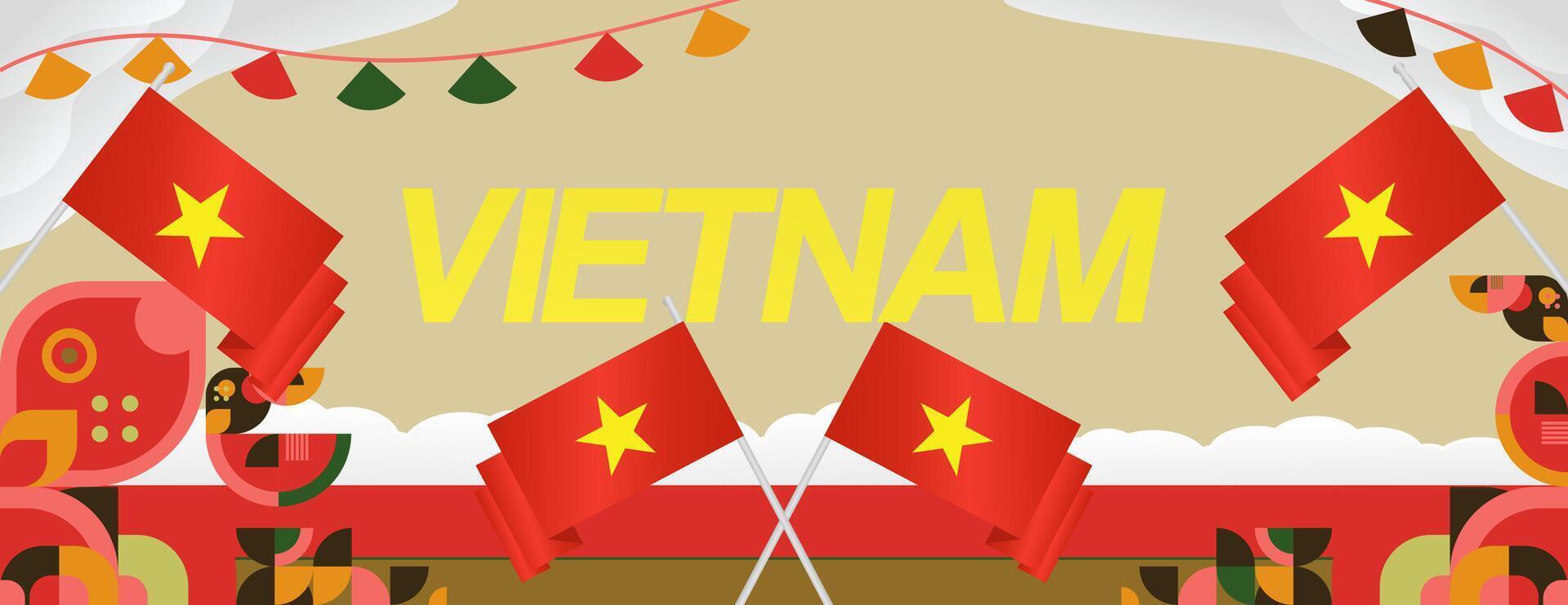 Vietnam Independence Day banner in modern geometric style. Wide banner for celebration day with flags and typography. National holiday celebration backgrounds. Happy Vietnam Independence Day vector