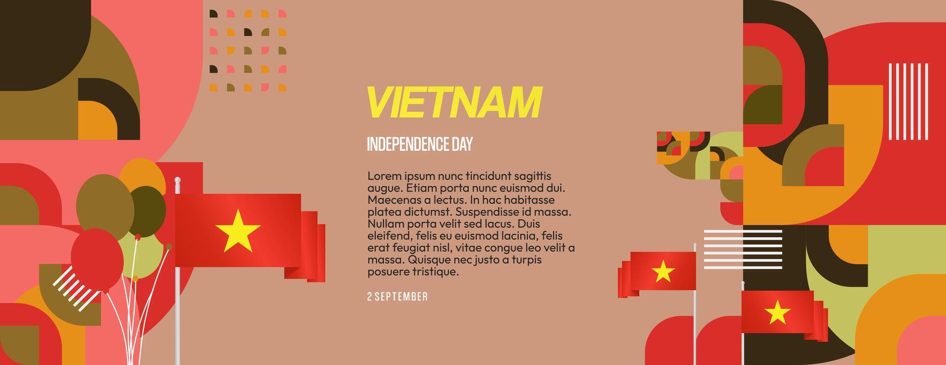 Vietnam Independence Day banner in modern geometric style. Wide banner for celebration day with flags and typography. National holiday celebration backgrounds. Happy Vietnam Independence Day vector