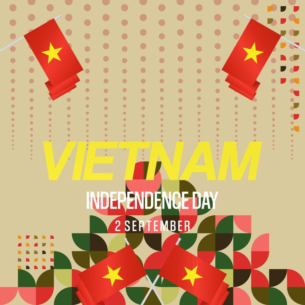 Vietnam Independence Day banner in modern geometric style. Square banner for celebration day with flags and typography. National holiday celebration backgrounds. Happy Vietnam Independence Day vector