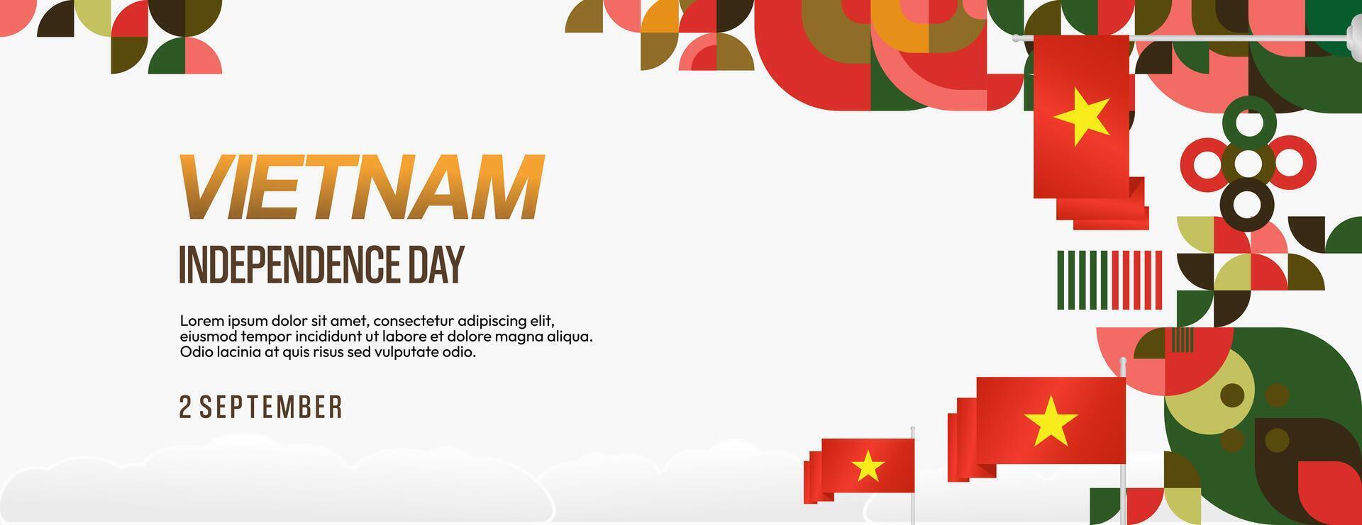 Vietnam Independence Day banner in modern geometric style. Wide banner for celebration day with flags and typography. National holiday celebration backgrounds. Happy Vietnam Independence Day vector