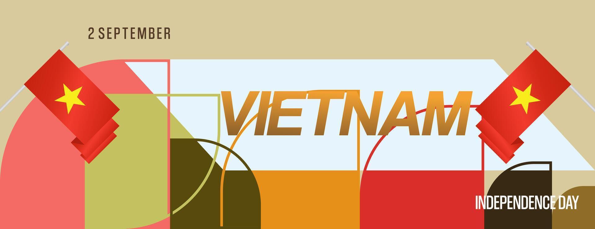 Vietnam Independence Day banner in modern geometric style. Wide banner for celebration day with flags and typography. National holiday celebration backgrounds. Happy Vietnam Independence Day vector