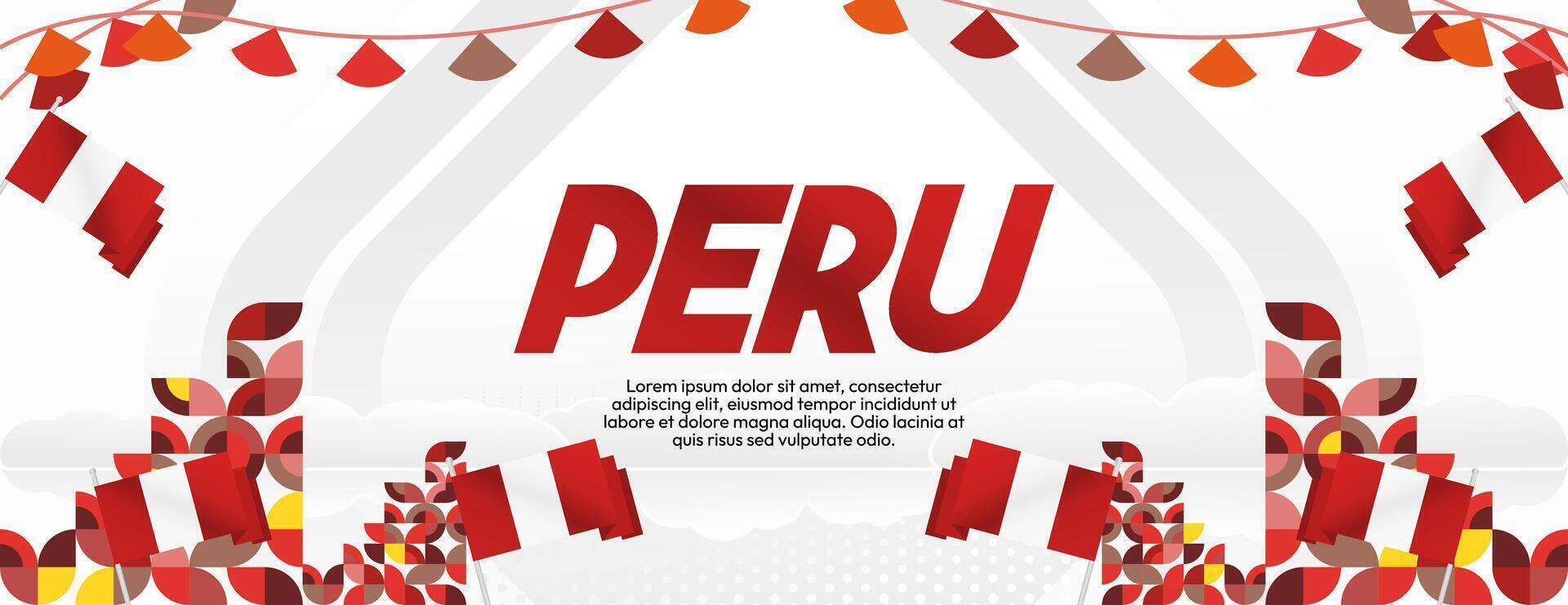 Peru Independence Day banner in modern geometric style. Wide banner with typography and also country flag. Background for National holiday celebration party. Happy Independence Day of Peru vector
