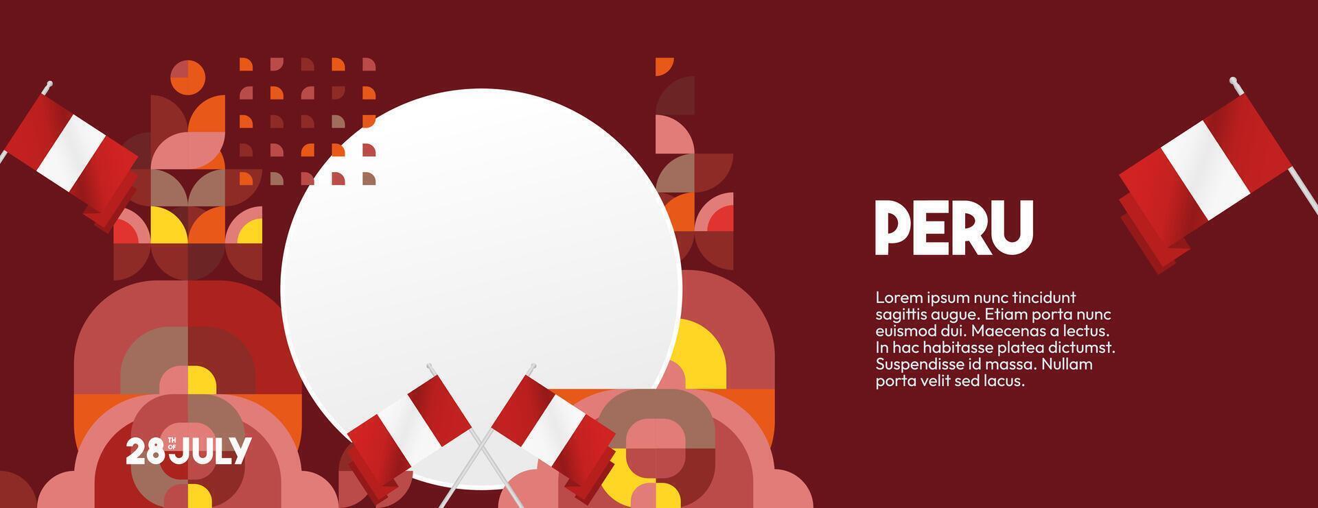 Peru Independence Day banner in modern geometric style. Wide banner with typography and also country flag. Background for National holiday celebration party. Happy Independence Day of Peru vector