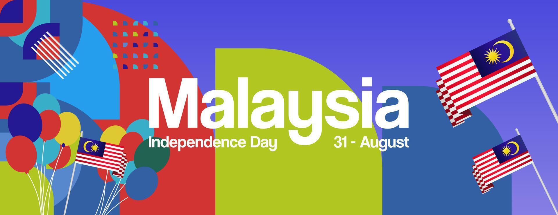 Malaysia Independence Day banner in modern geometric style. Wide banner with typography and also country flag. Background for National holiday celebration party. Happy Merdeka Day of Malaysia vector