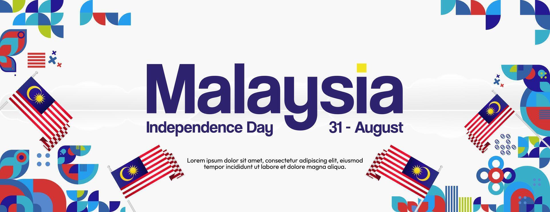 Malaysia Independence Day banner in modern geometric style. Wide banner with typography and also country flag. Background for National holiday celebration party. Happy Merdeka Day of Malaysia vector