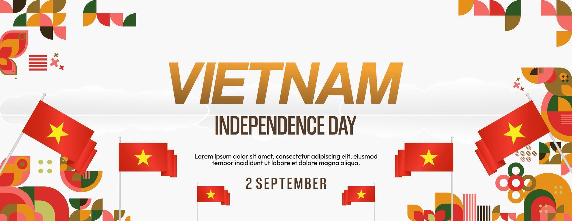 Vietnam Independence Day banner in modern geometric style. Wide banner for celebration day with flags and typography. National holiday celebration backgrounds. Happy Vietnam Independence Day vector