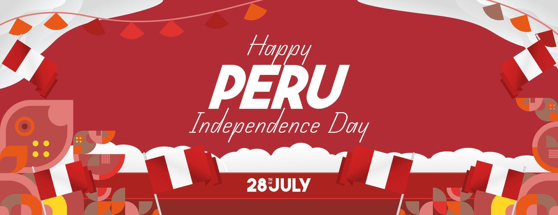 Peru Independence Day banner in modern geometric style. Wide banner with typography and also country flag. Background for National holiday celebration party. Happy Independence Day of Peru vector