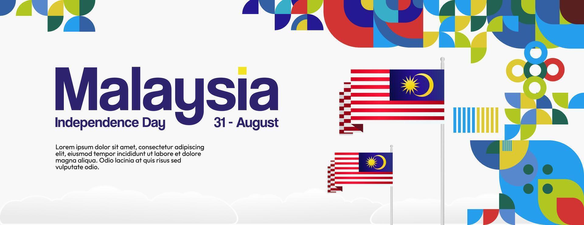 Malaysia Independence Day banner in modern geometric style. Wide banner with typography and also country flag. Background for National holiday celebration party. Happy Merdeka Day of Malaysia vector